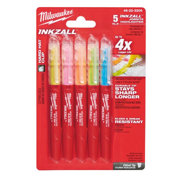 INKZALL Leuchtmarker Set 5-teilig blau, grün, gelb, orange, pink / Milwaukee # 48223206 / EAN: 04524
