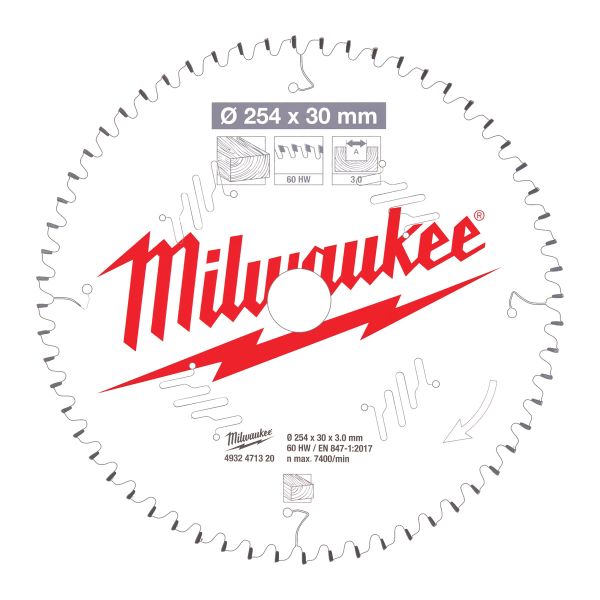Sägeblatt für Akku-Kapp- und Gehrungssägen 254/30 mm Z60 Wechselzahn negativ / Milwaukee # 493247132